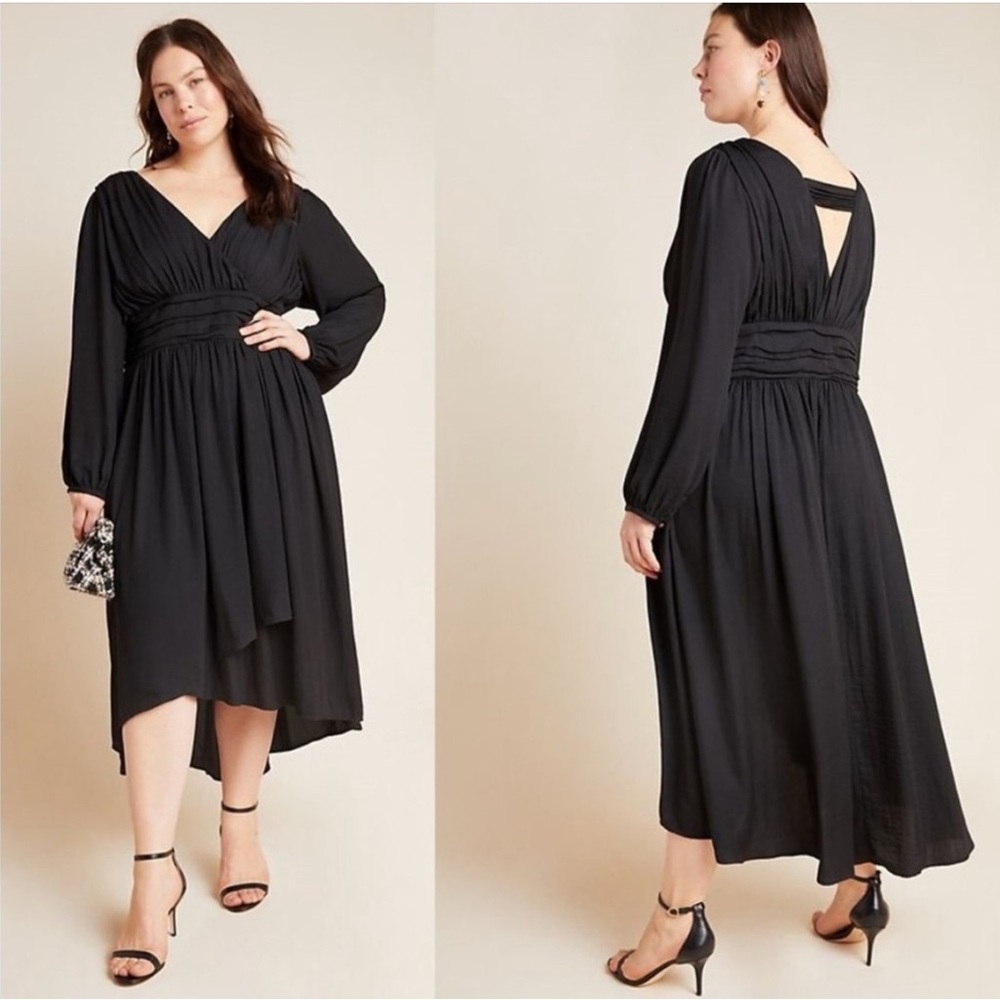 Anthropologie Gwendolyn V Neck Long Sleeve Midi Dress Black 20W